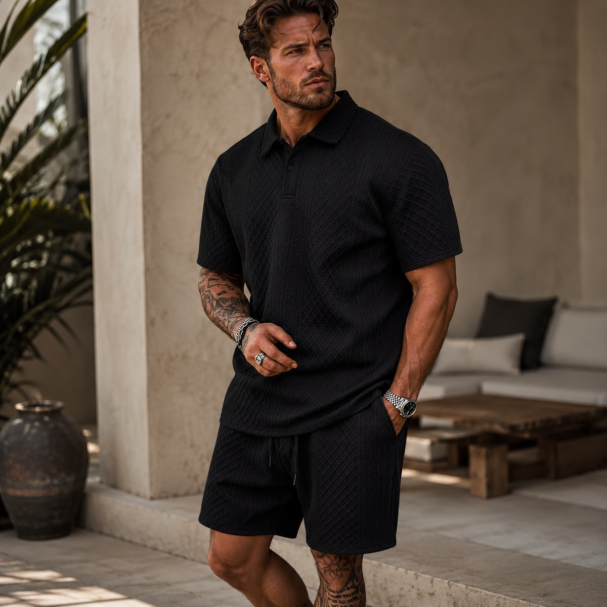 Richard - Textured Polo & Shorts Set | By Mason & Reed London